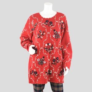 Vintage Red Embroidered Floral Sweater, Long Length Knit, Women's Large